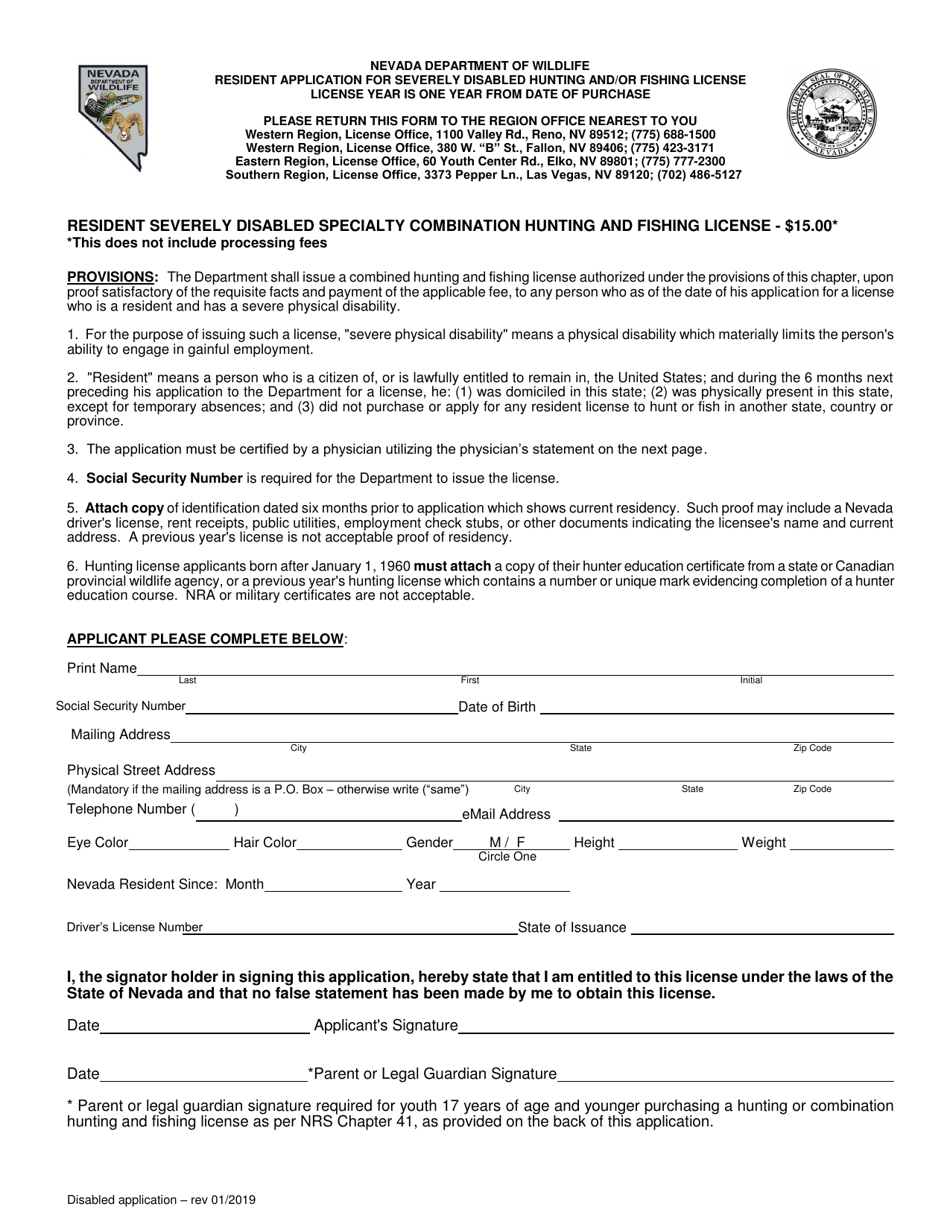 Resident Application for Severely Disabled Hunting and / or Fishing License - Nevada, Page 1