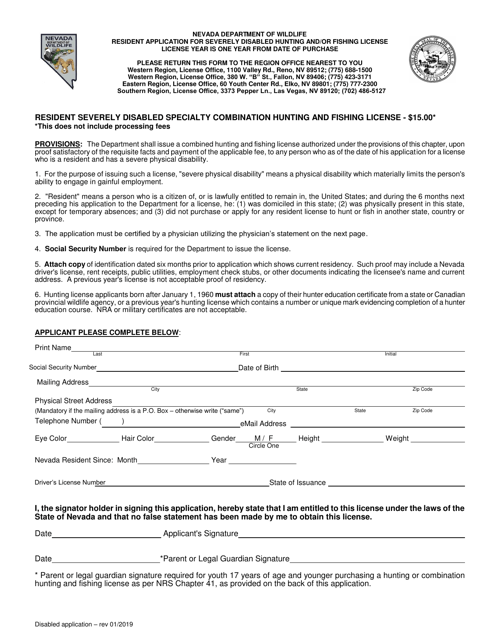 Resident Application for Severely Disabled Hunting and / or Fishing License - Nevada Download Pdf