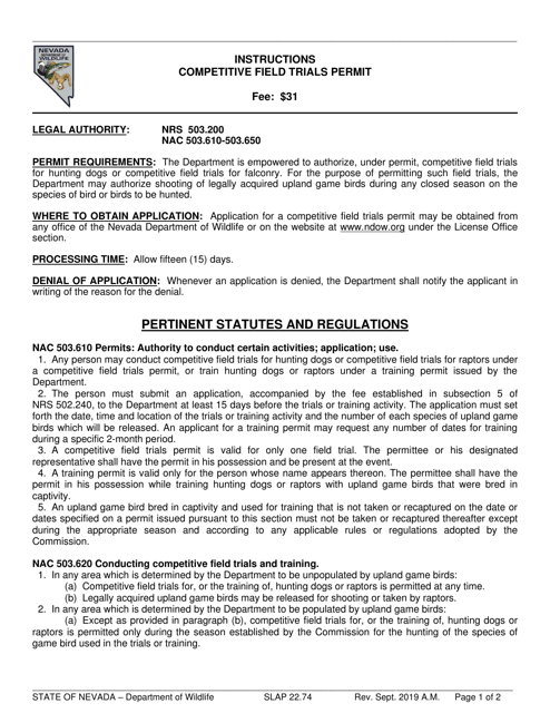 Instructions for Form SLAP22.74 Competitive Field Trials Permit - Nevada