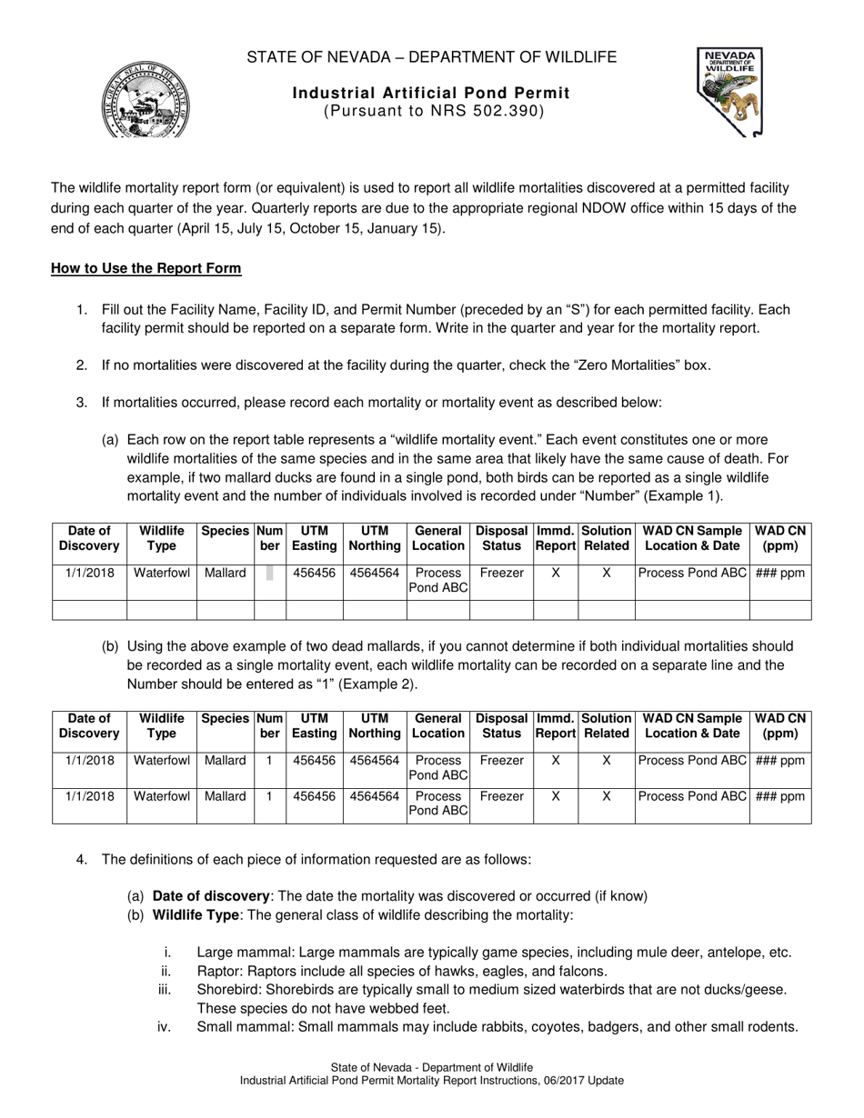 Instructions for Industrial Artificial Pond Permit - Quarterly Mortality Report - Nevada, Page 1