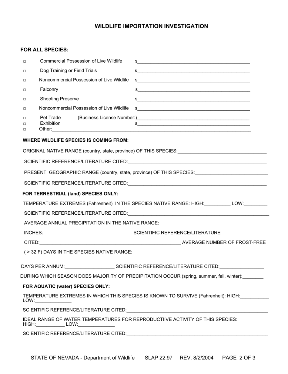 Form SLAP22.97 Wildlife Importation Investigation - Nevada, Page 2