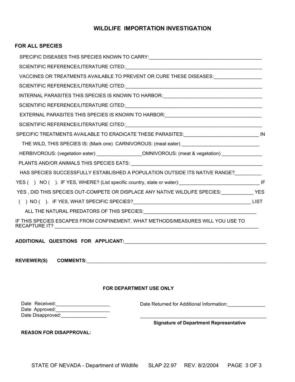 Form SLAP22.97 Wildlife Importation Investigation - Nevada, Page 3