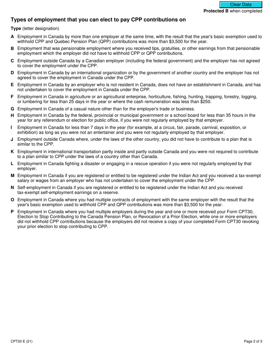 Form CPT20 Election to Pay Canada Pension Plan Contributions - Canada, Page 2