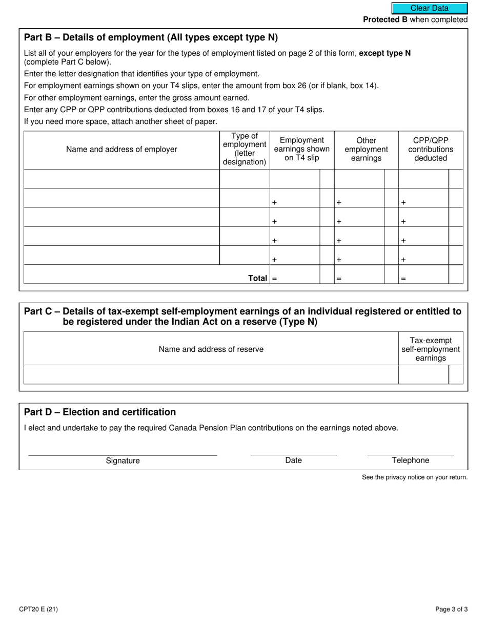 Form CPT20 Election to Pay Canada Pension Plan Contributions - Canada, Page 3