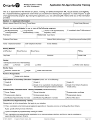 Document preview: Form 12-1661E Application for Apprenticeship Training - Ontario, Canada