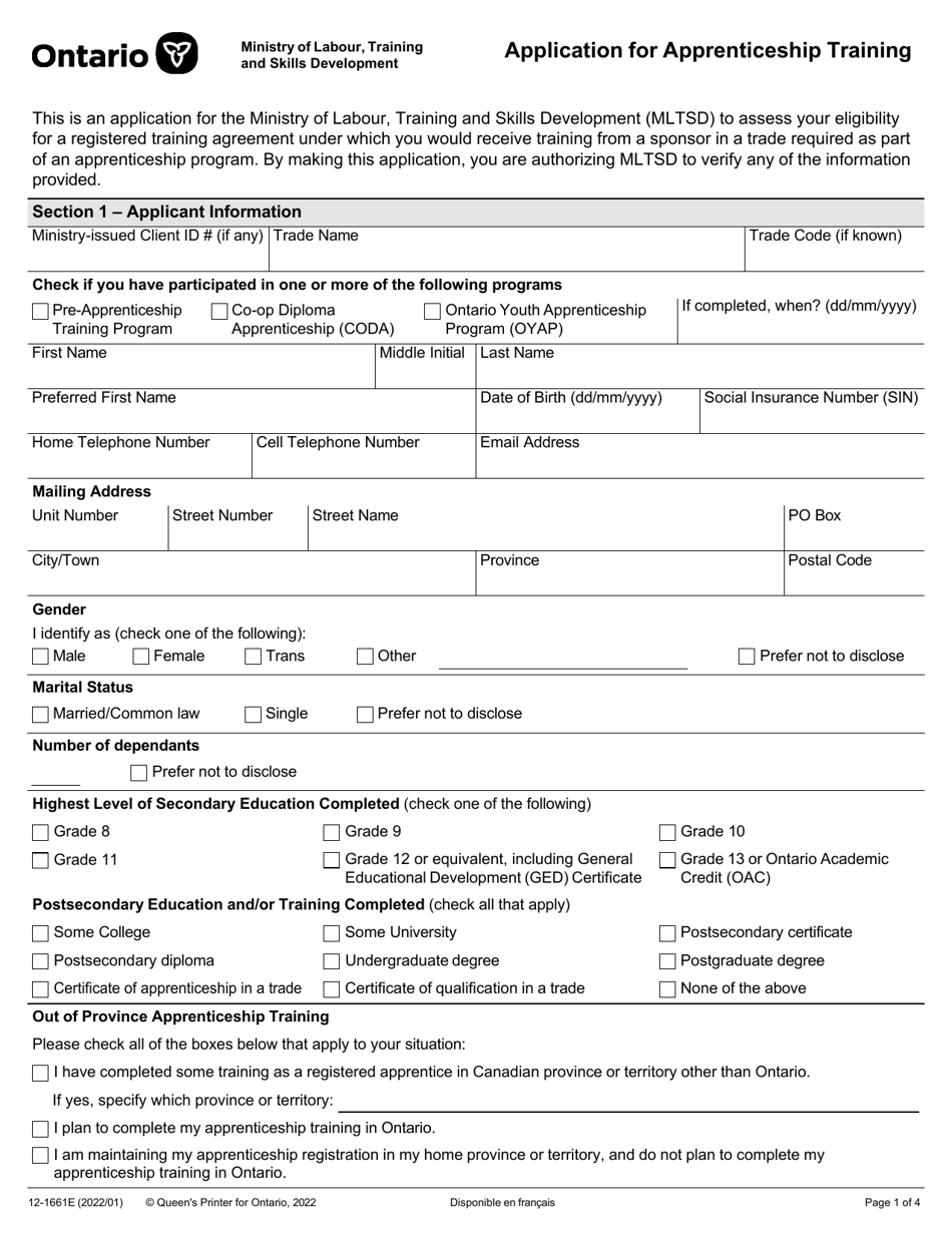 Form 12-1661E Application for Apprenticeship Training - Ontario, Canada, Page 1