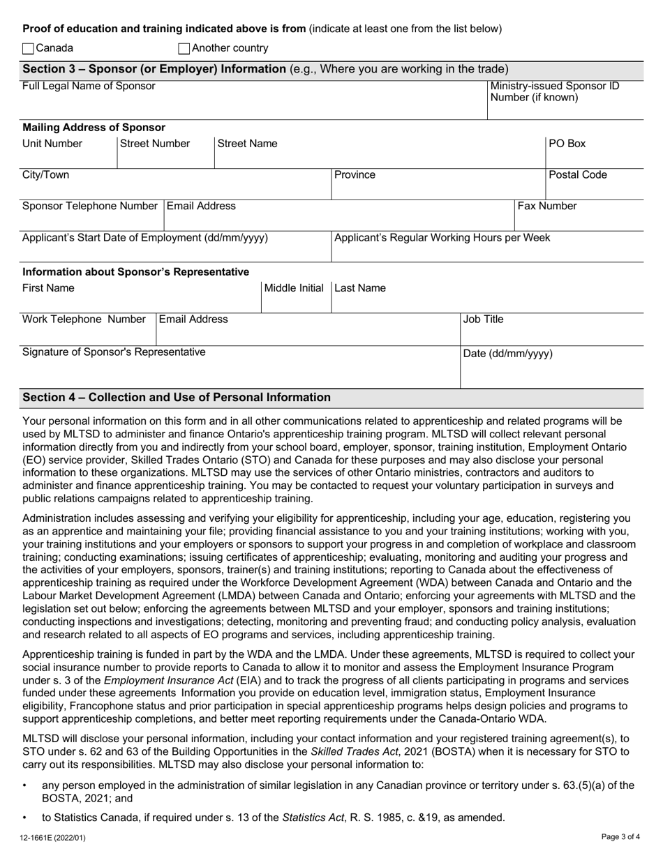 Form 12-1661E Application for Apprenticeship Training - Ontario, Canada, Page 3
