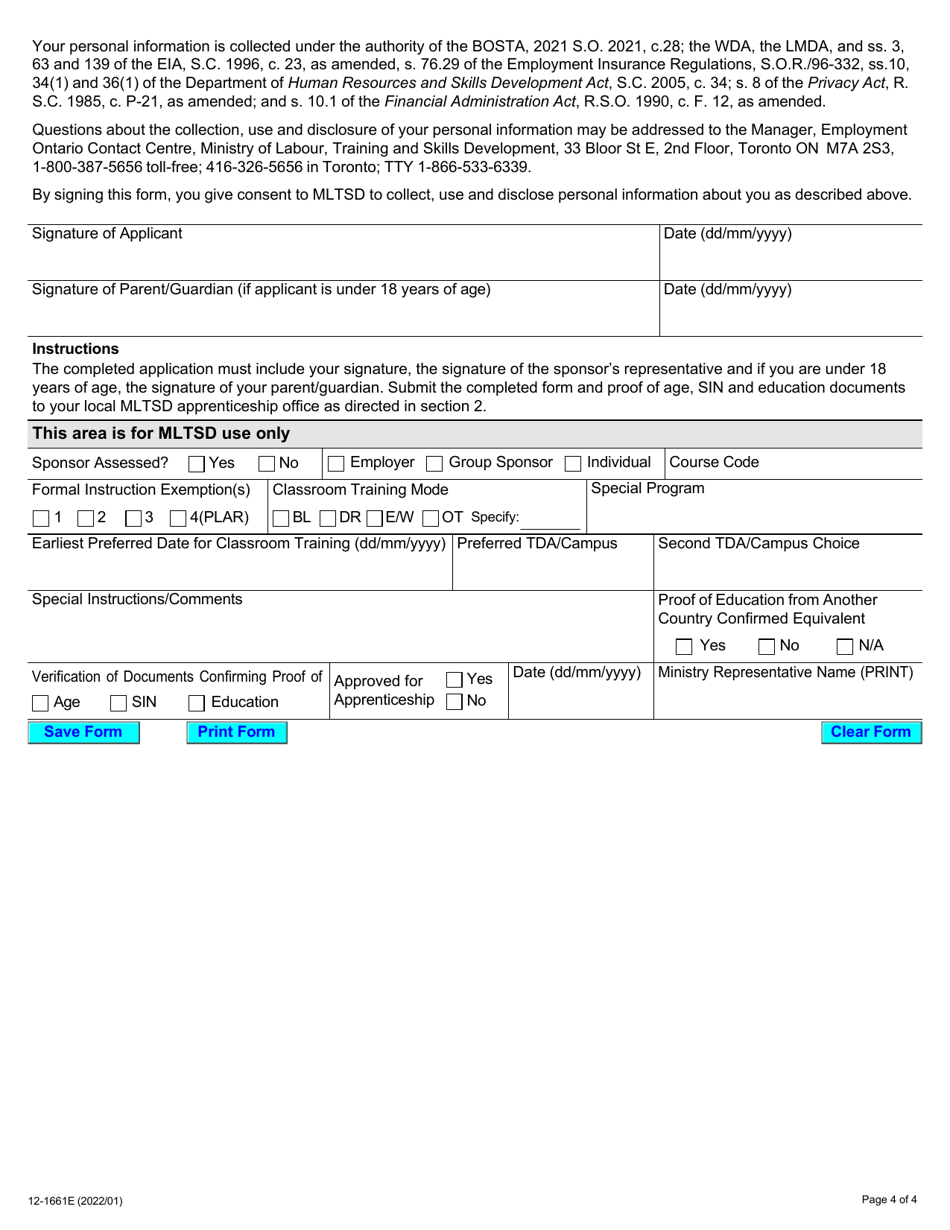 Form 12-1661E Application for Apprenticeship Training - Ontario, Canada, Page 4