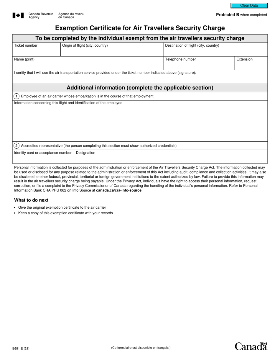 Form E691 Exemption Certificate for Air Travellers Security Charge - Canada, Page 1