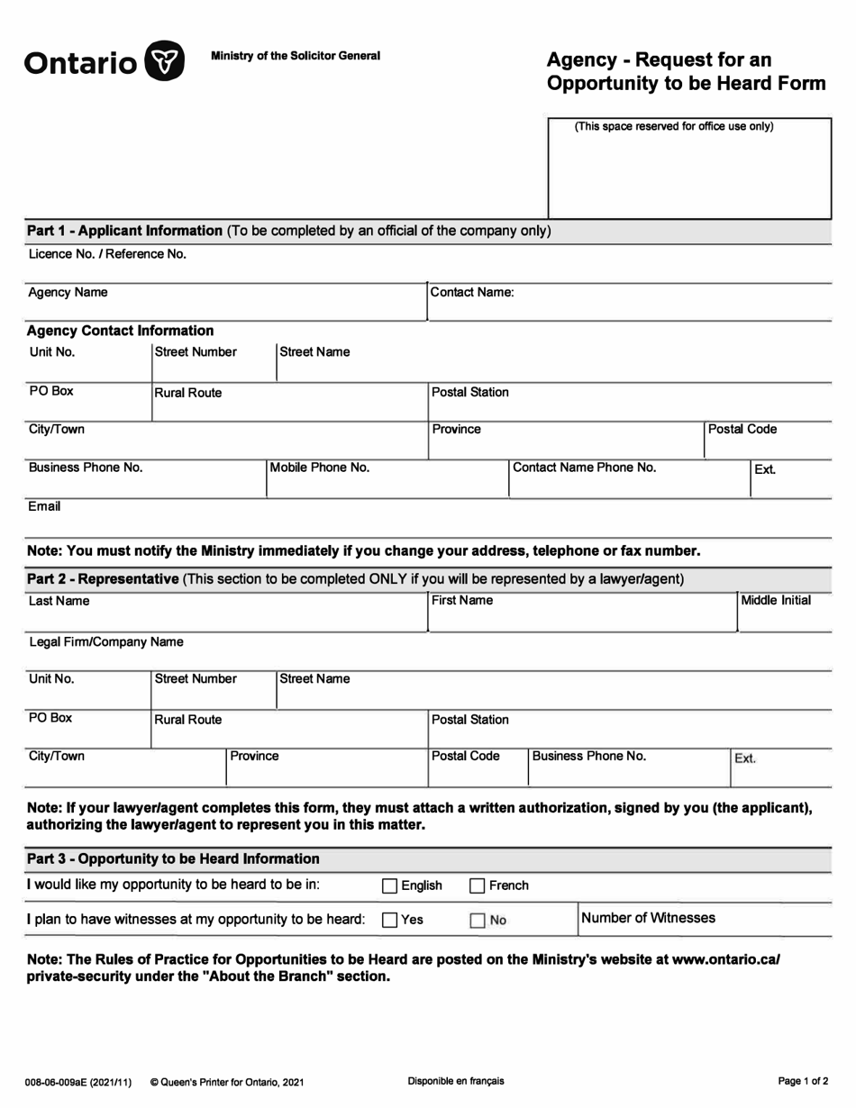 Form 008-06-009AE Agency - Request for an Opportunity to Be Heard Form - Ontario, Canada, Page 1