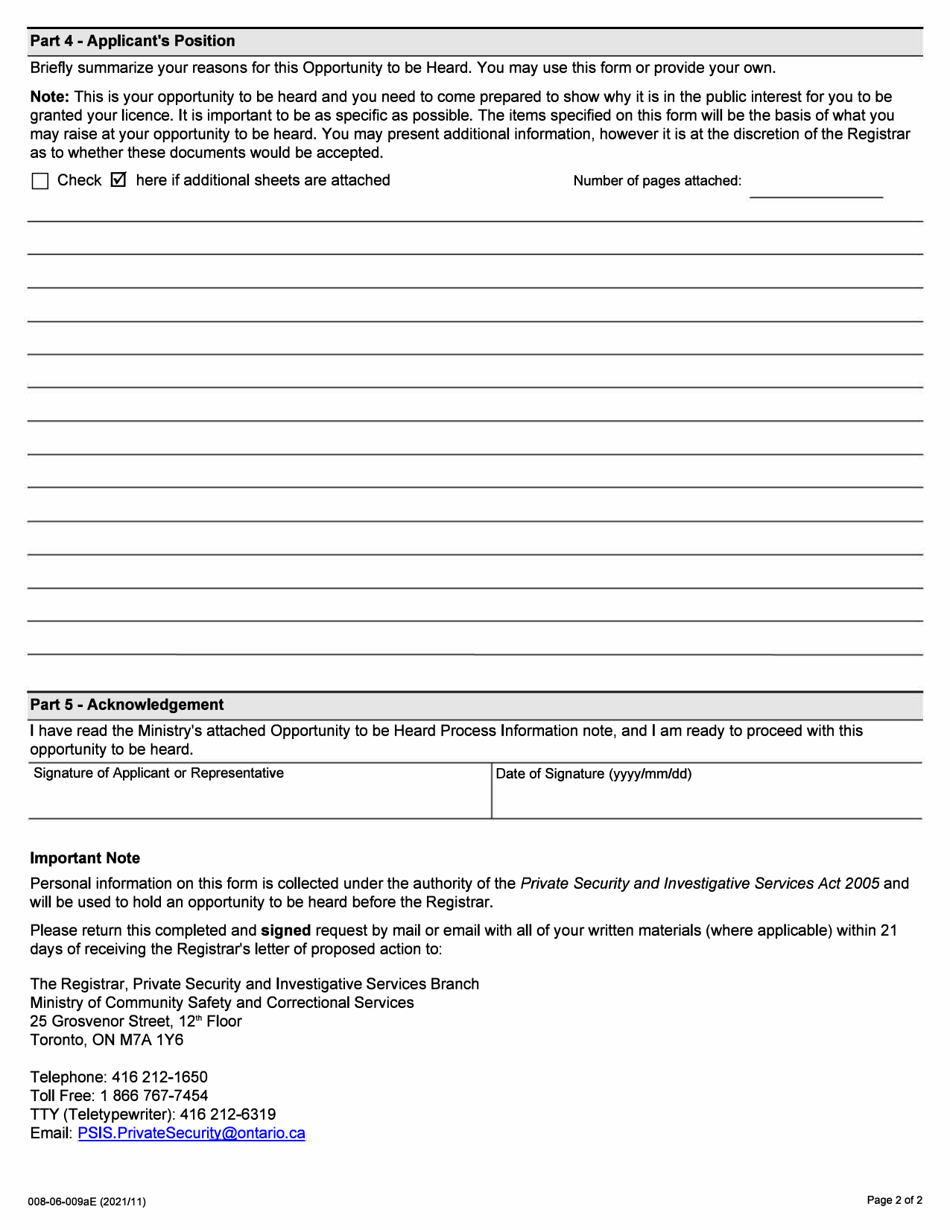Form 008-06-009AE Agency - Request for an Opportunity to Be Heard Form - Ontario, Canada, Page 2
