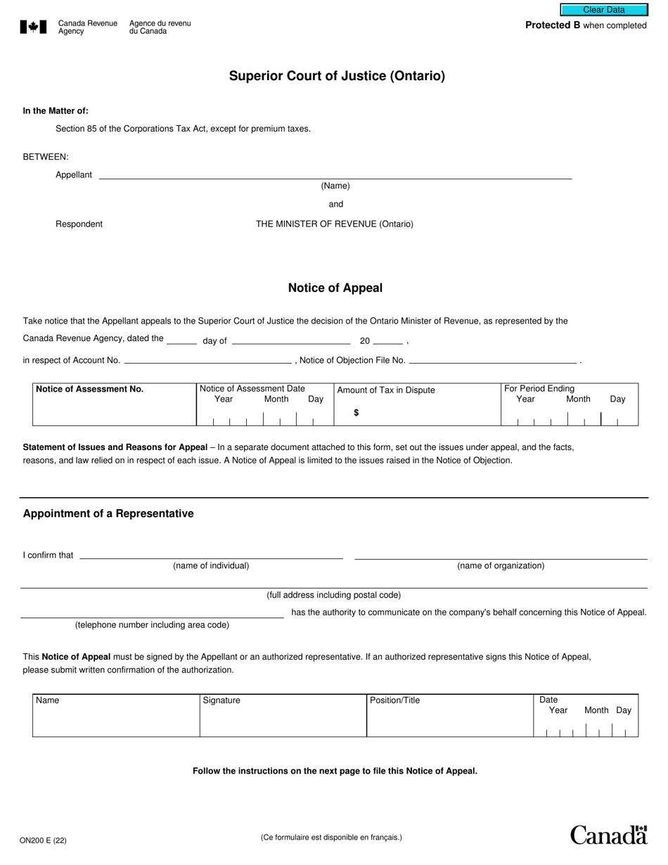 Form ON200 Superior Court of Justice (Ontario) Notice of Appeal - Canada, Page 1