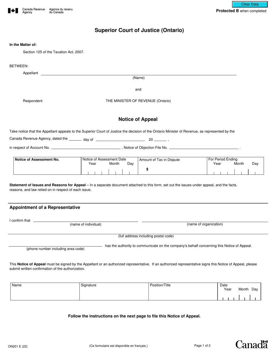 Form ON201 Notice of Appeal - Canada, Page 1