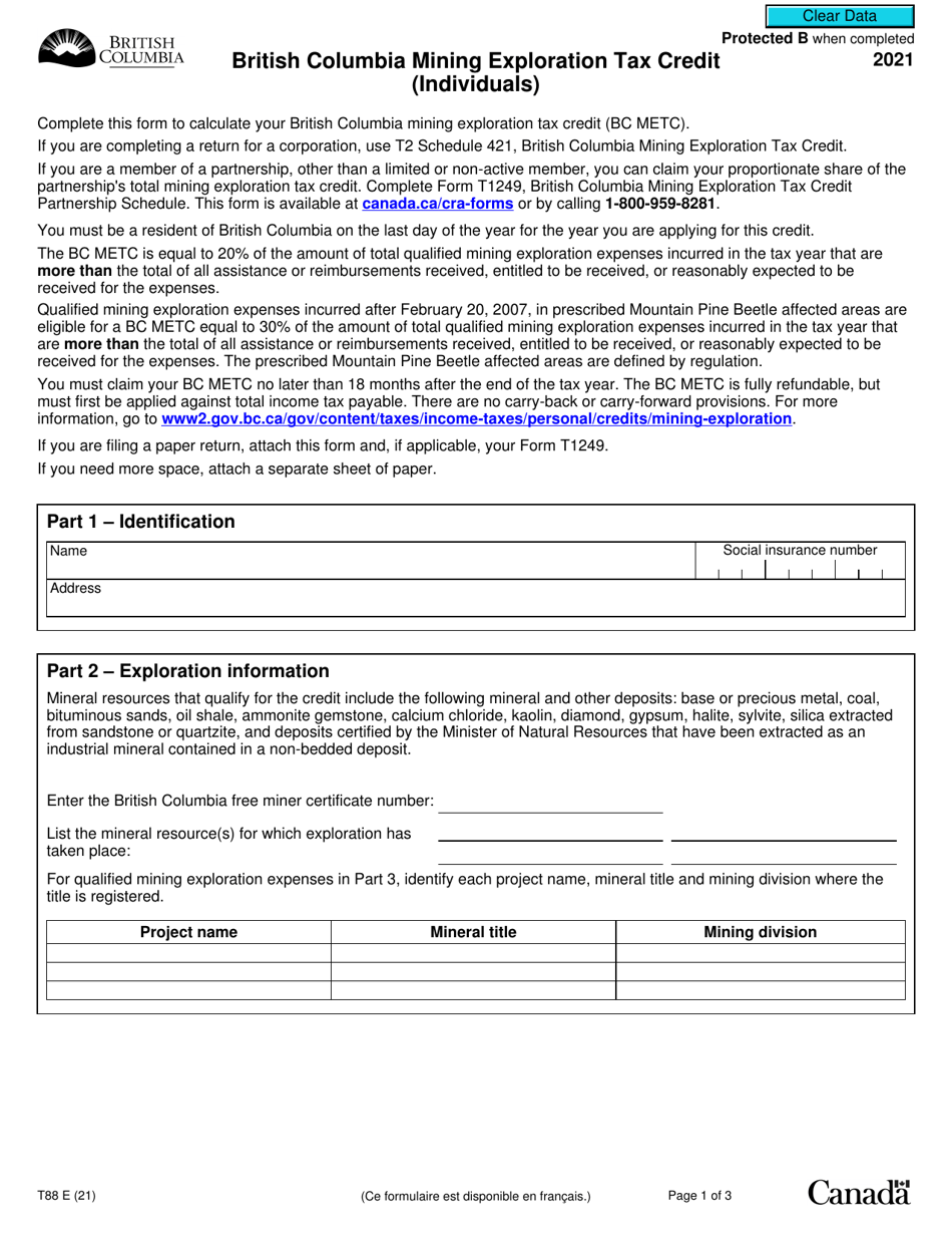 Form T88 British Columbia Mining Exploration Tax Credit (Individuals) - Canada, Page 1