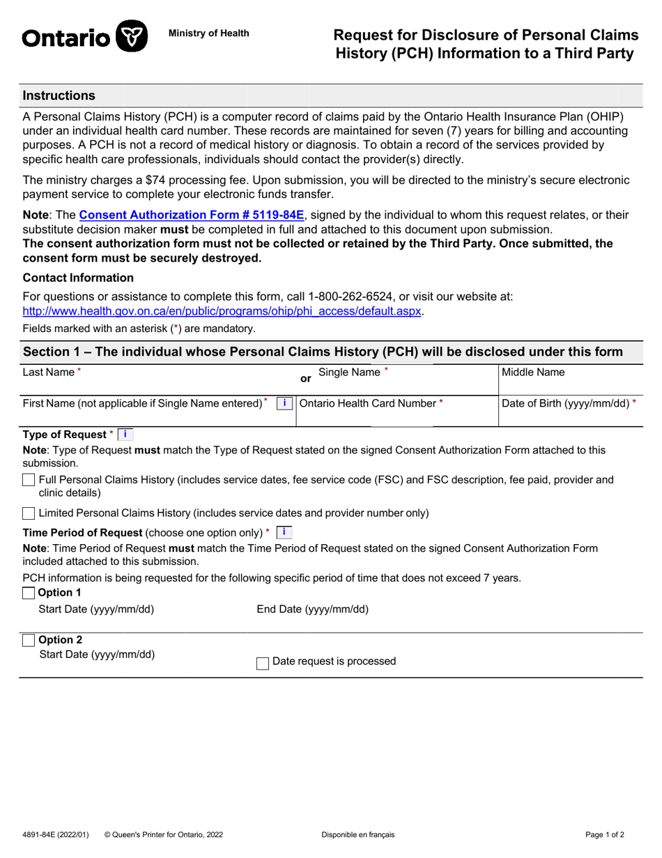 Form 4891-84E Request for Disclosure of Personal Claims History (Pch) Information to a Third Party - Ontario, Canada, Page 1
