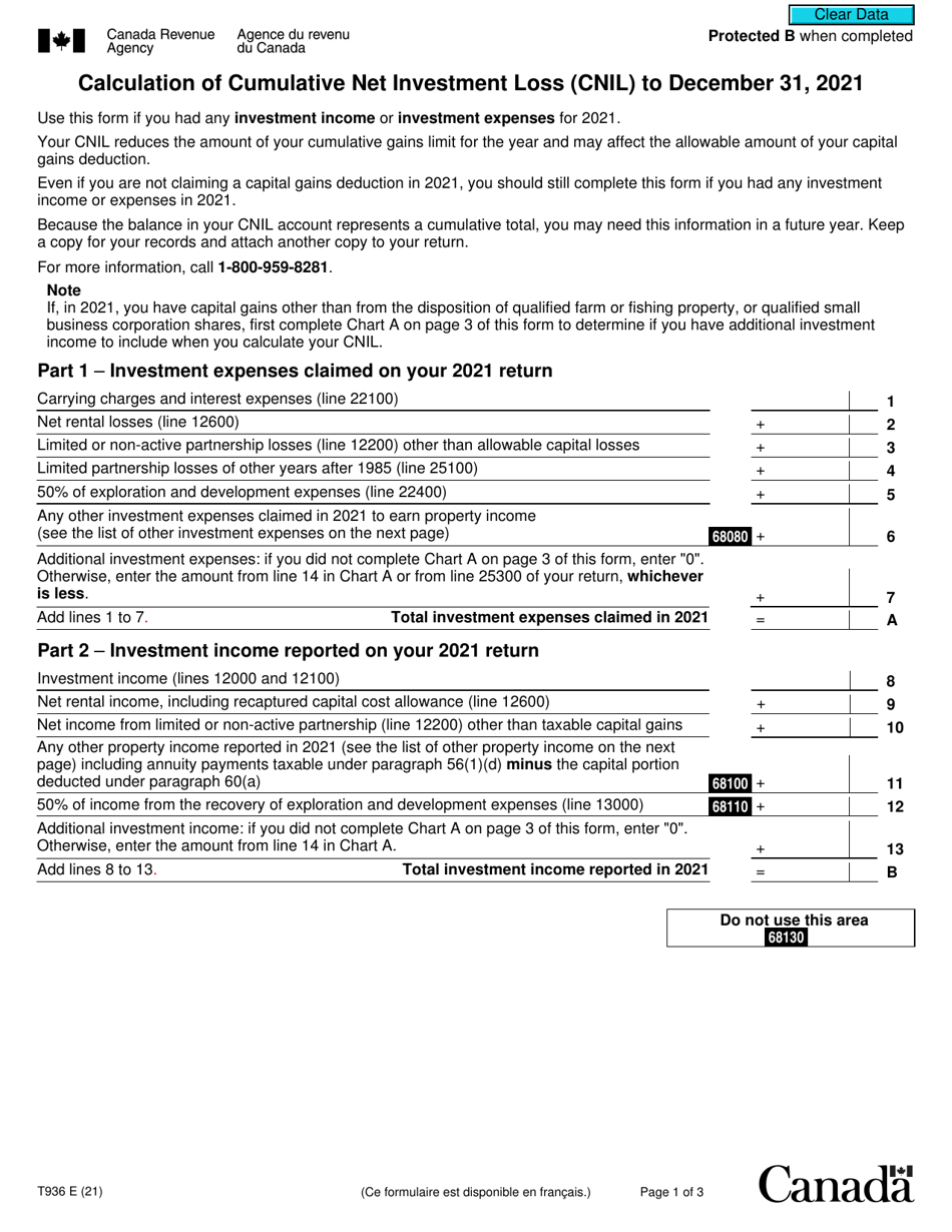 Form T936 Calculation of Cumulative Net Investment Loss (CNIL) - Canada, Page 1