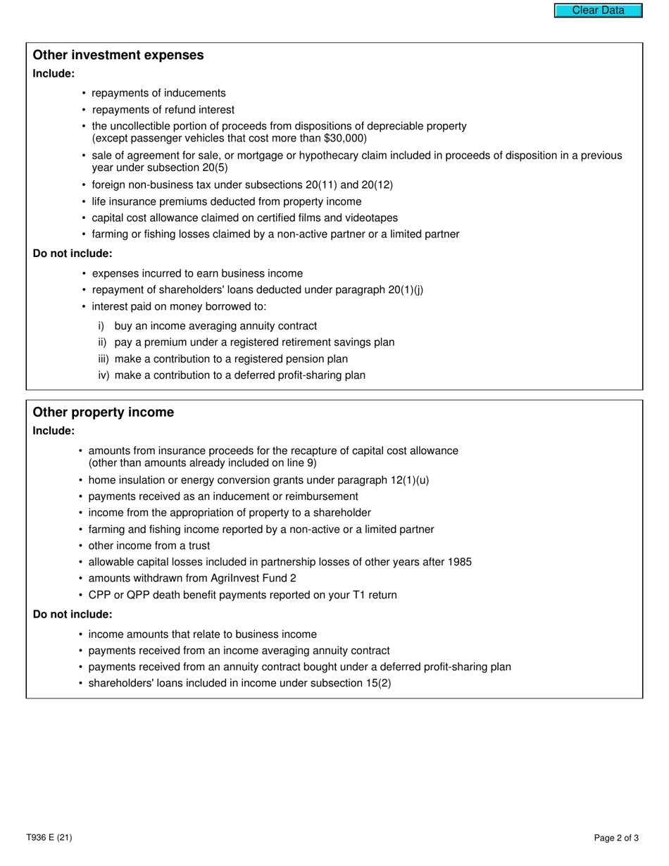 Form T936 Calculation of Cumulative Net Investment Loss (CNIL) - Canada, Page 2