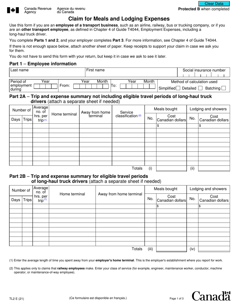 Form TL2 Claim for Meals and Lodging Expenses - Canada, Page 1