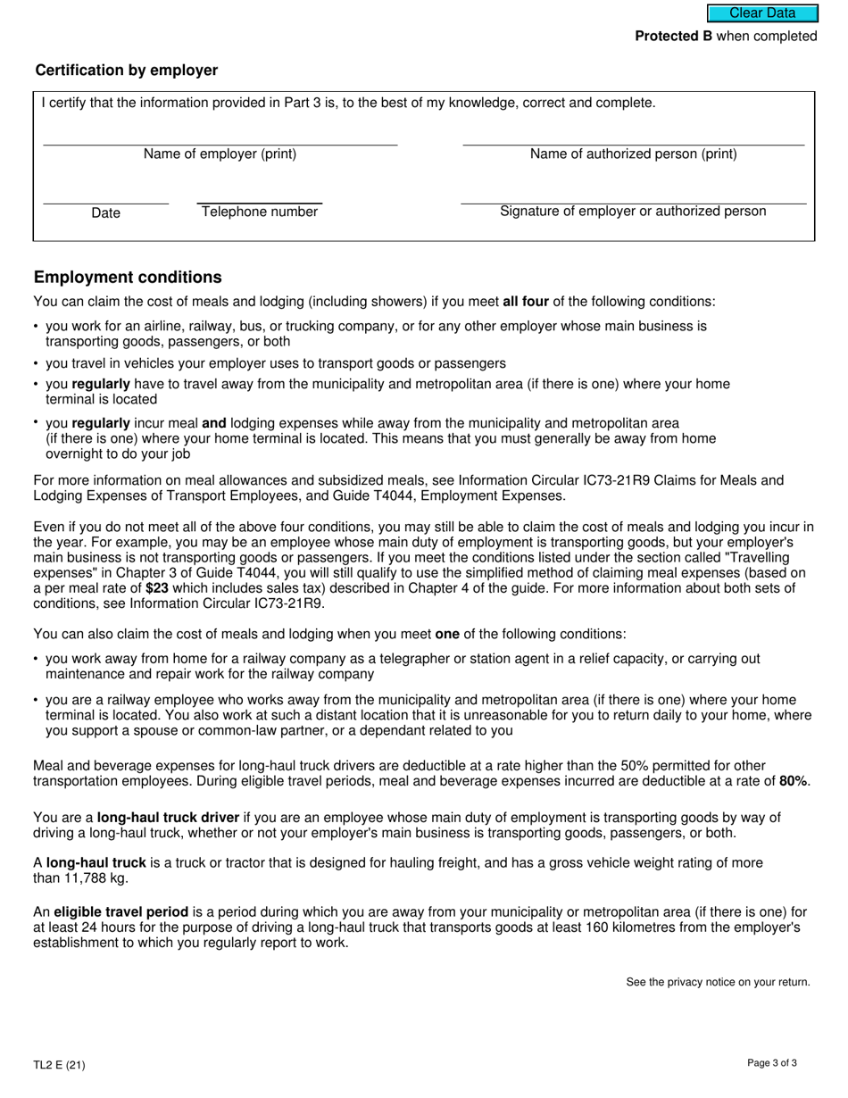 Form TL2 Claim for Meals and Lodging Expenses - Canada, Page 3