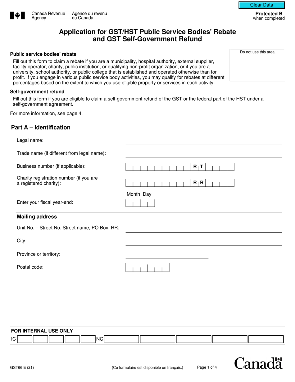 Form GST66 Application for Gst / Hst Public Service Bodies Rebate and Gst Self-government Refund - Canada, Page 1