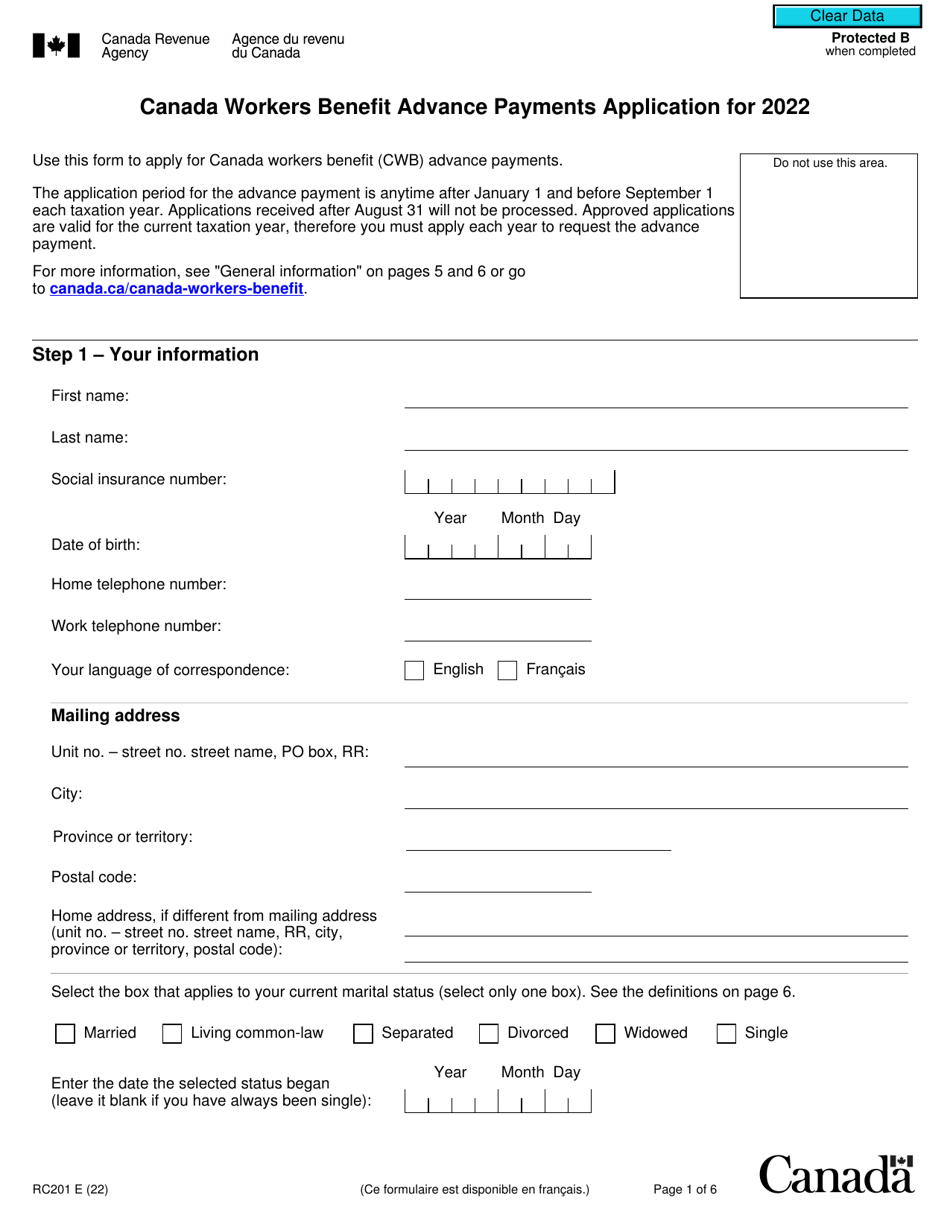 Form RC201 Download Fillable PDF or Fill Online Canada Workers Benefit