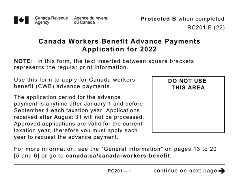 Form RC201 Canada Workers Benefit Advance Payments Application - Large Print - Canada, 2022