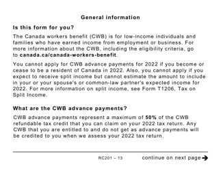 Form RC201 Canada Workers Benefit Advance Payments Application - Large Print - Canada, Page 13