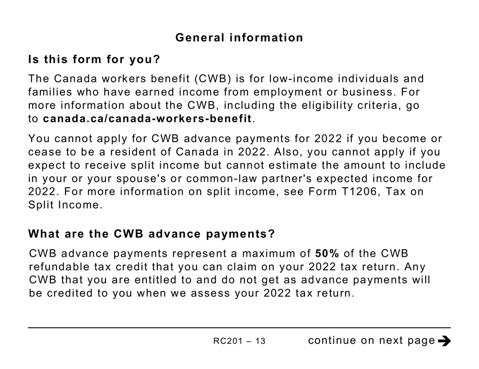 Form RC201 Canada Workers Benefit Advance Payments Application - Large Print - Canada, Page 13