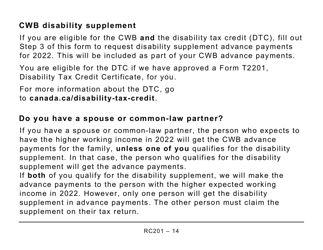 Form RC201 Canada Workers Benefit Advance Payments Application - Large Print - Canada, Page 14