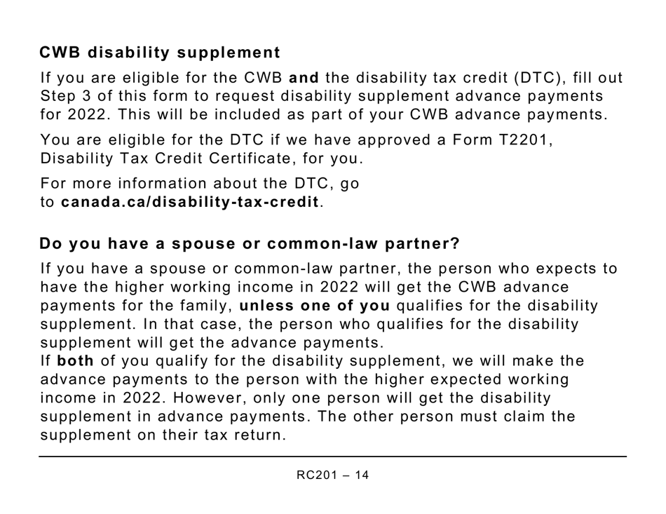 Form RC201 Canada Workers Benefit Advance Payments Application - Large Print - Canada, Page 14