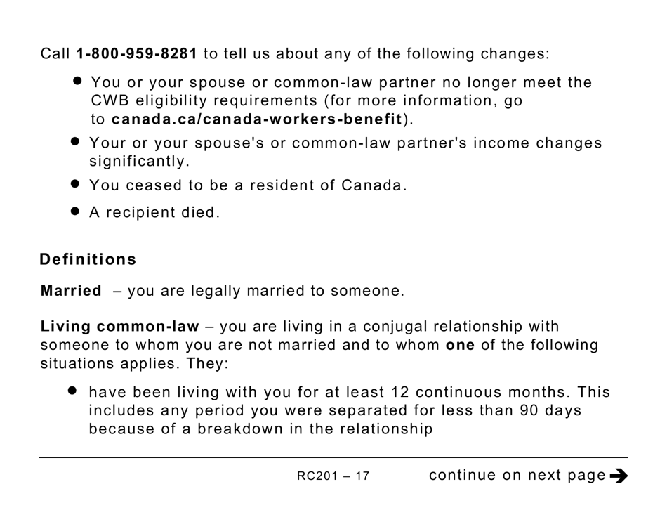 Form RC201 Canada Workers Benefit Advance Payments Application - Large Print - Canada, Page 17