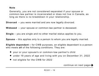 Form RC201 Canada Workers Benefit Advance Payments Application - Large Print - Canada, Page 19