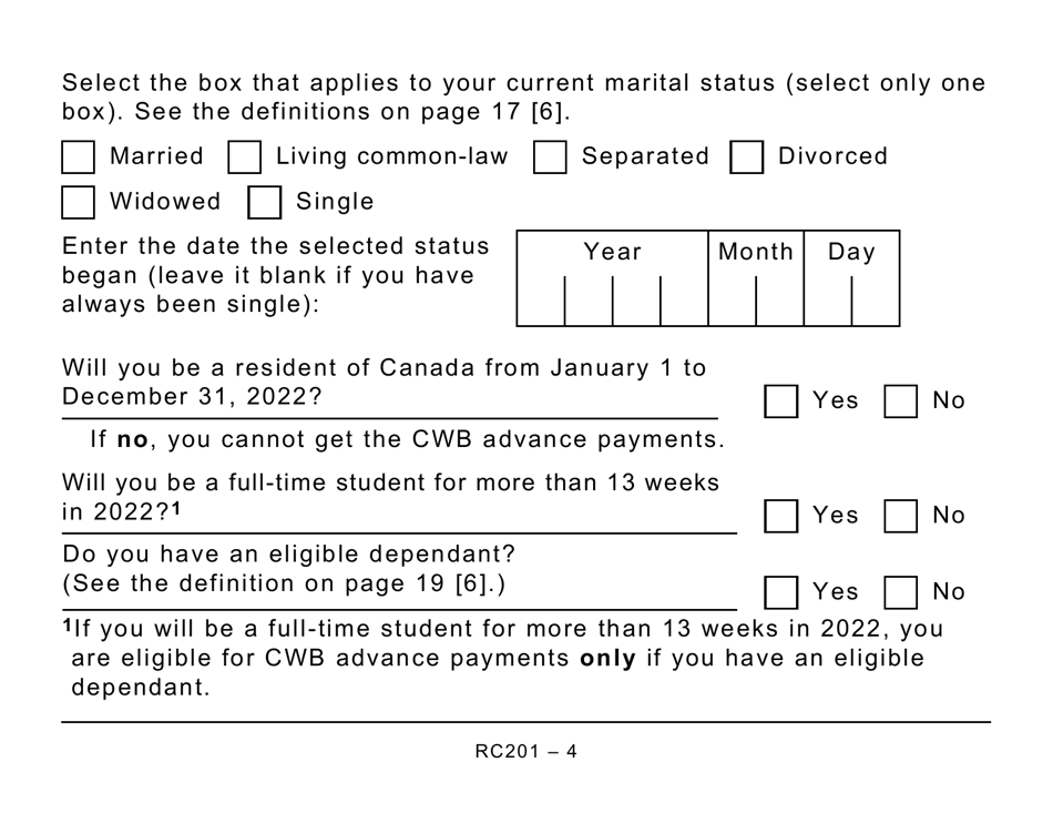 Form RC201 Canada Workers Benefit Advance Payments Application - Large Print - Canada, Page 4