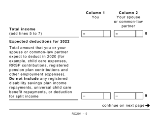 Form RC201 Canada Workers Benefit Advance Payments Application - Large Print - Canada, Page 9