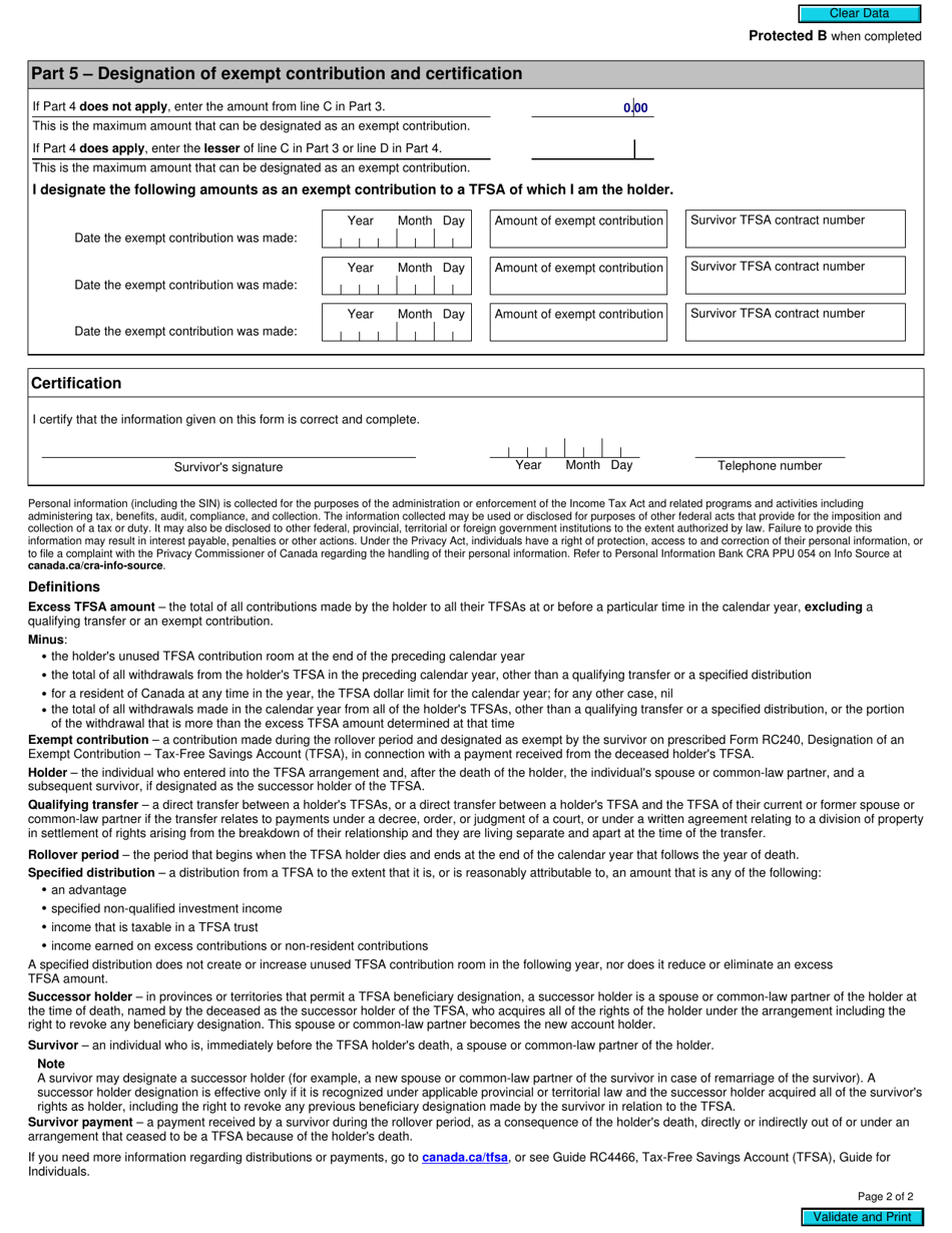 Form RC240 Designation of an Exempt Contribution - Tax-Free Savings Account (Tfsa) - Canada, Page 2