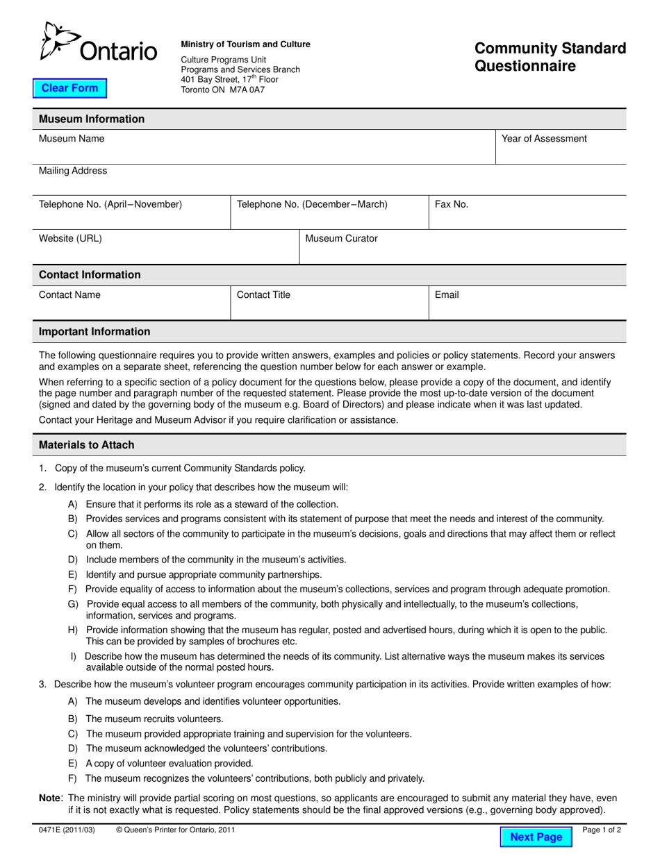 Form 0471E Community Standard Questionnaire - Ontario, Canada, Page 1