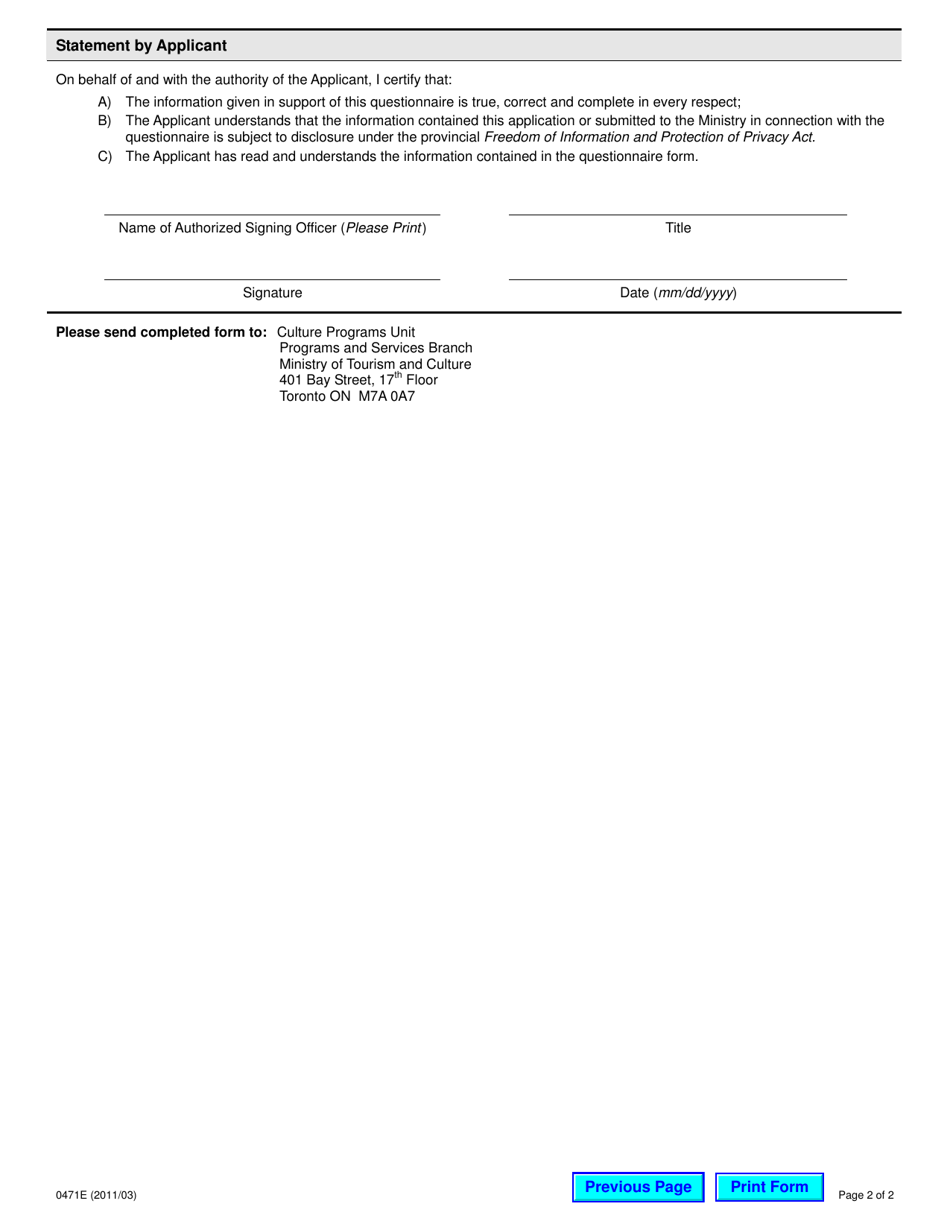 Form 0471E Community Standard Questionnaire - Ontario, Canada, Page 2