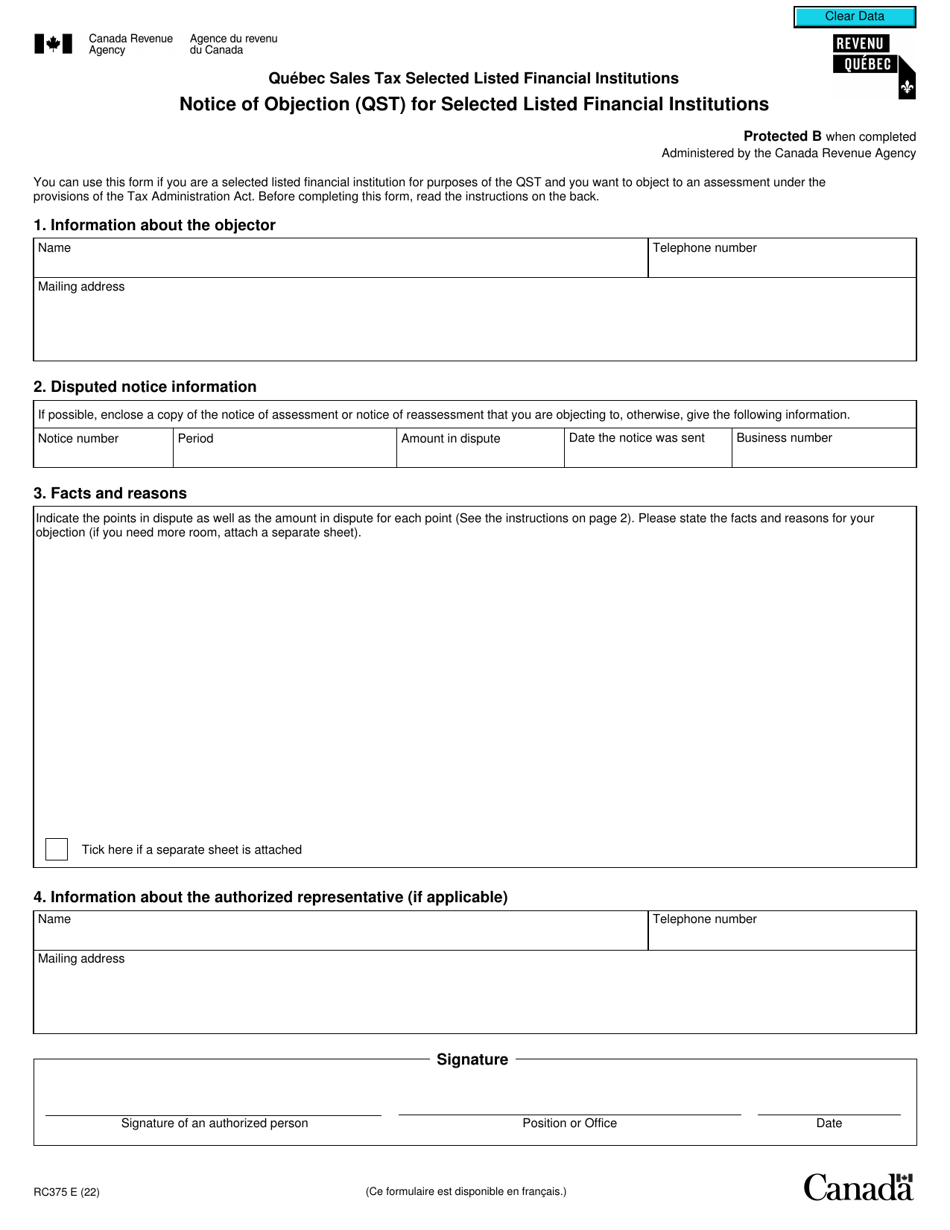 Form RC375 Notice of Objection (Qst) for Selected Listed Financial Institutions - Canada, Page 1