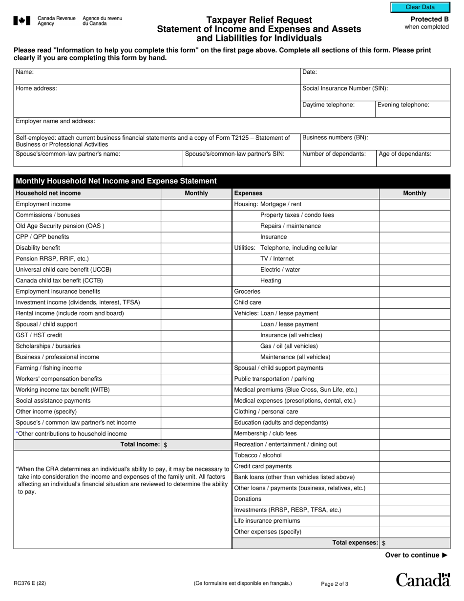 Form RC376 Download Fillable PDF or Fill Online Taxpayer Relief Request ...