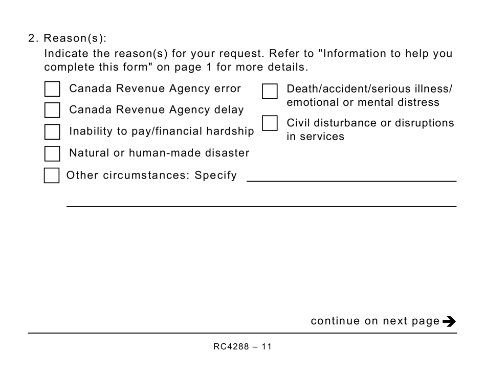 Form RC4288 Request for Taxpayer Relief - Cancel or Waive Penalties and Interest - Large Print - Canada, Page 11
