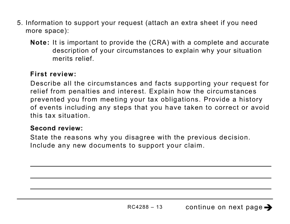 Form RC4288 Request for Taxpayer Relief - Cancel or Waive Penalties and Interest - Large Print - Canada, Page 13
