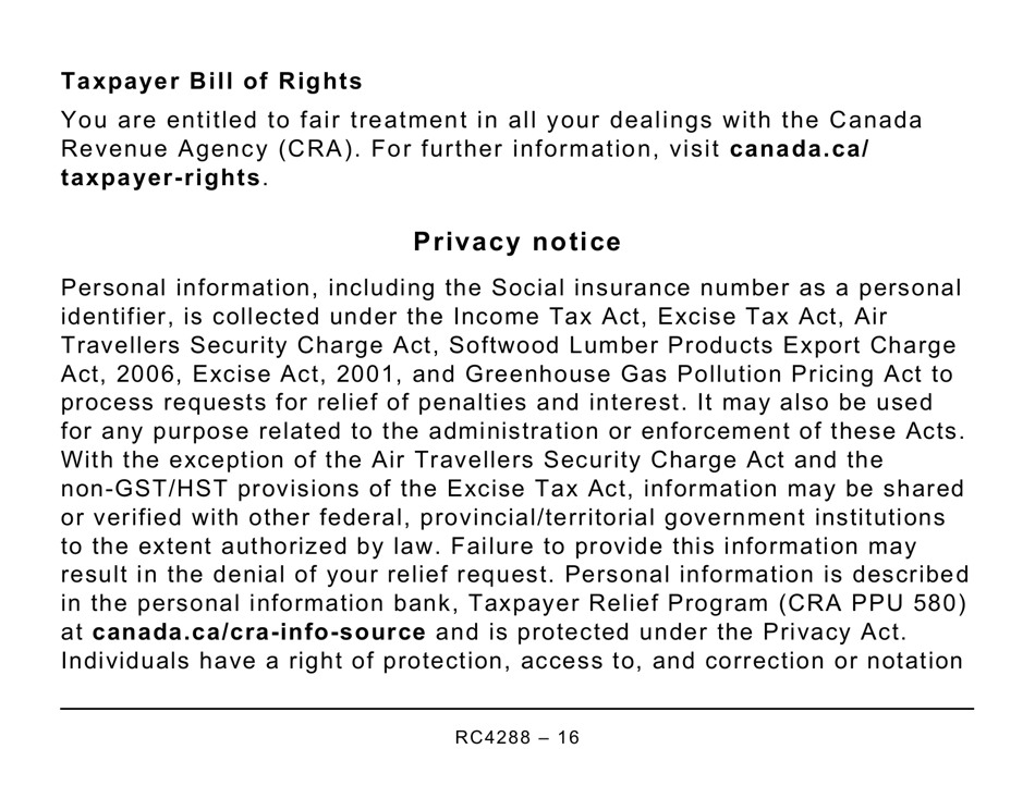 Form RC4288 Request for Taxpayer Relief - Cancel or Waive Penalties and Interest - Large Print - Canada, Page 16
