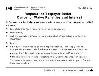 Form RC4288 Request for Taxpayer Relief - Cancel or Waive Penalties and Interest - Large Print - Canada