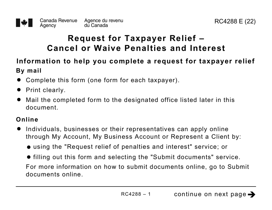 Form RC4288 Request for Taxpayer Relief - Cancel or Waive Penalties and Interest - Large Print - Canada, Page 1