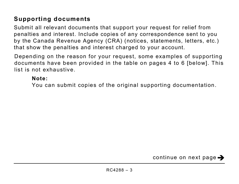 Form RC4288 Request for Taxpayer Relief - Cancel or Waive Penalties and Interest - Large Print - Canada, Page 3