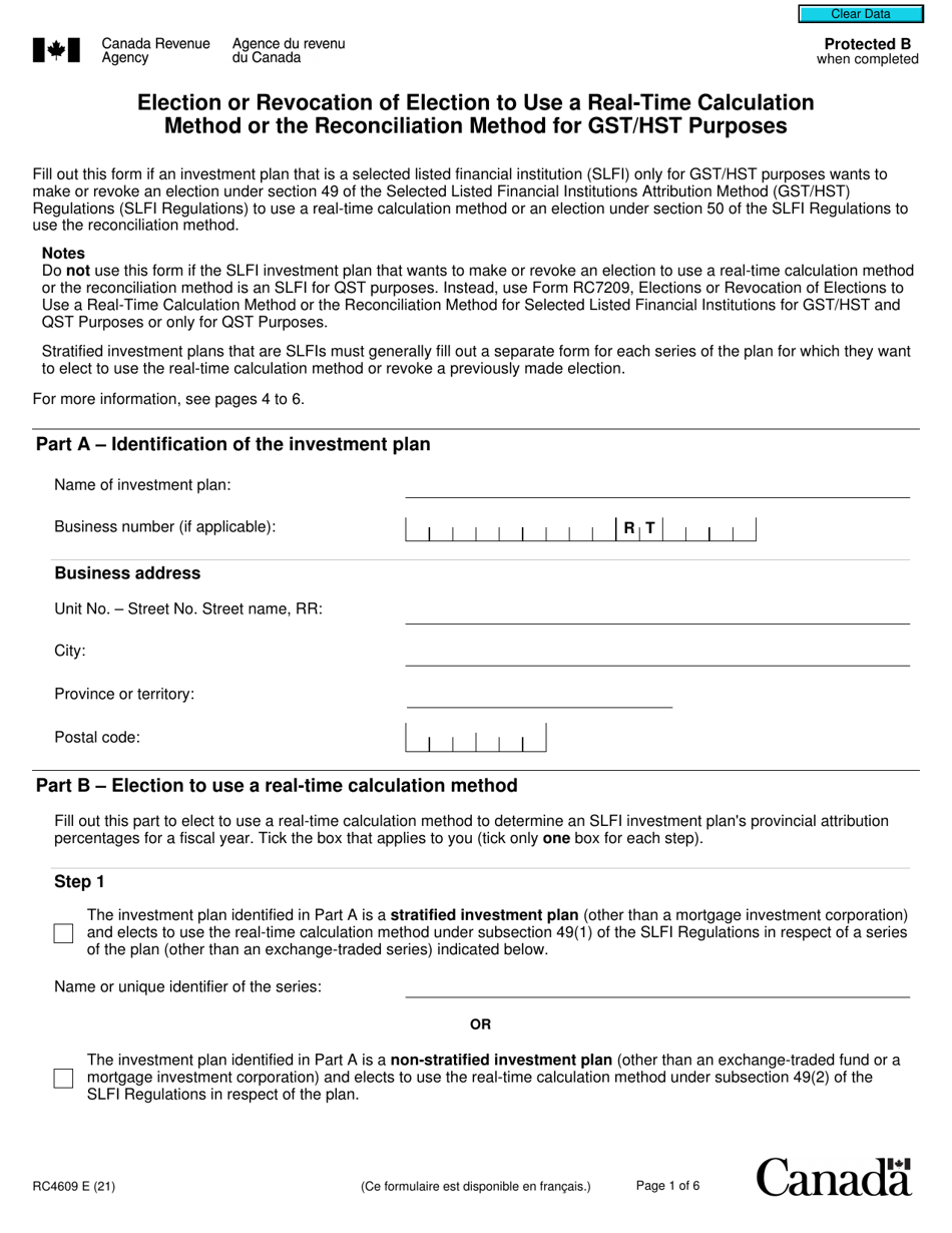 Form RC4609 Election or Revocation of Election to Use a Real-Time Calculation Method or the Reconciliation Method for Gst/Hst Purposes - Canada, Page 1