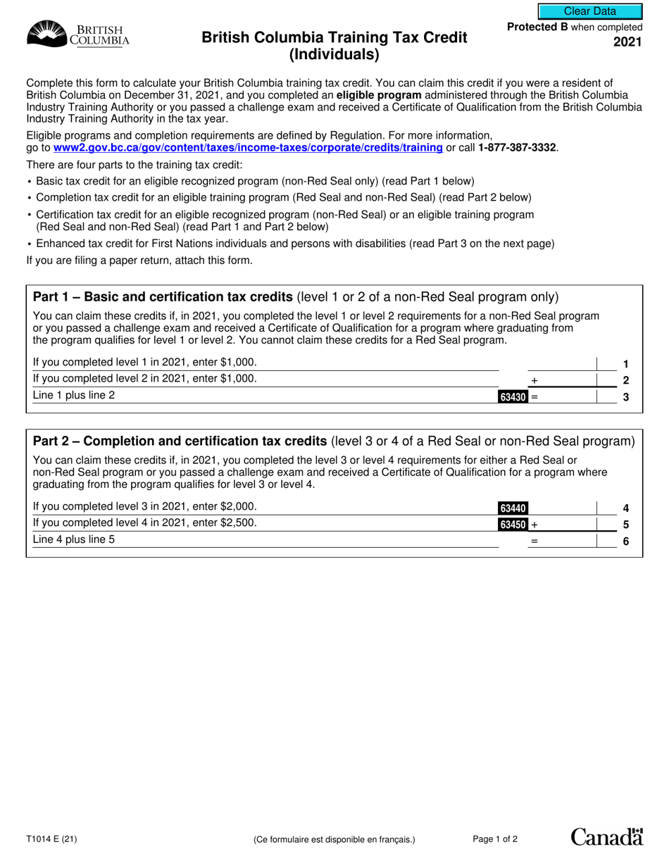 Form T1014 British Columbia Training Tax Credit (Individuals) - Canada, Page 1