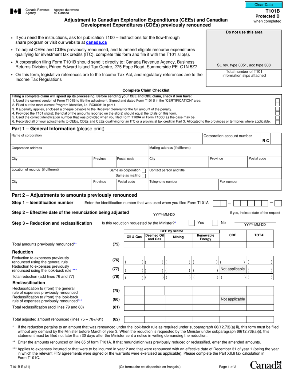 Form T101B Claim for Adjustments to Canadian Exploration Expenditures (Cees) and Canadian Development Expenditures (Cdes) Previously Renounced - Canada, Page 1