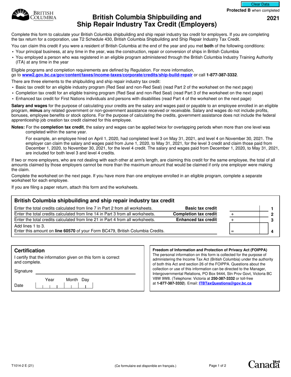 Form T1014-2 British Columbia Shipbuilding and Ship Repair Industry Tax Credit (Employers) - Canada, Page 1