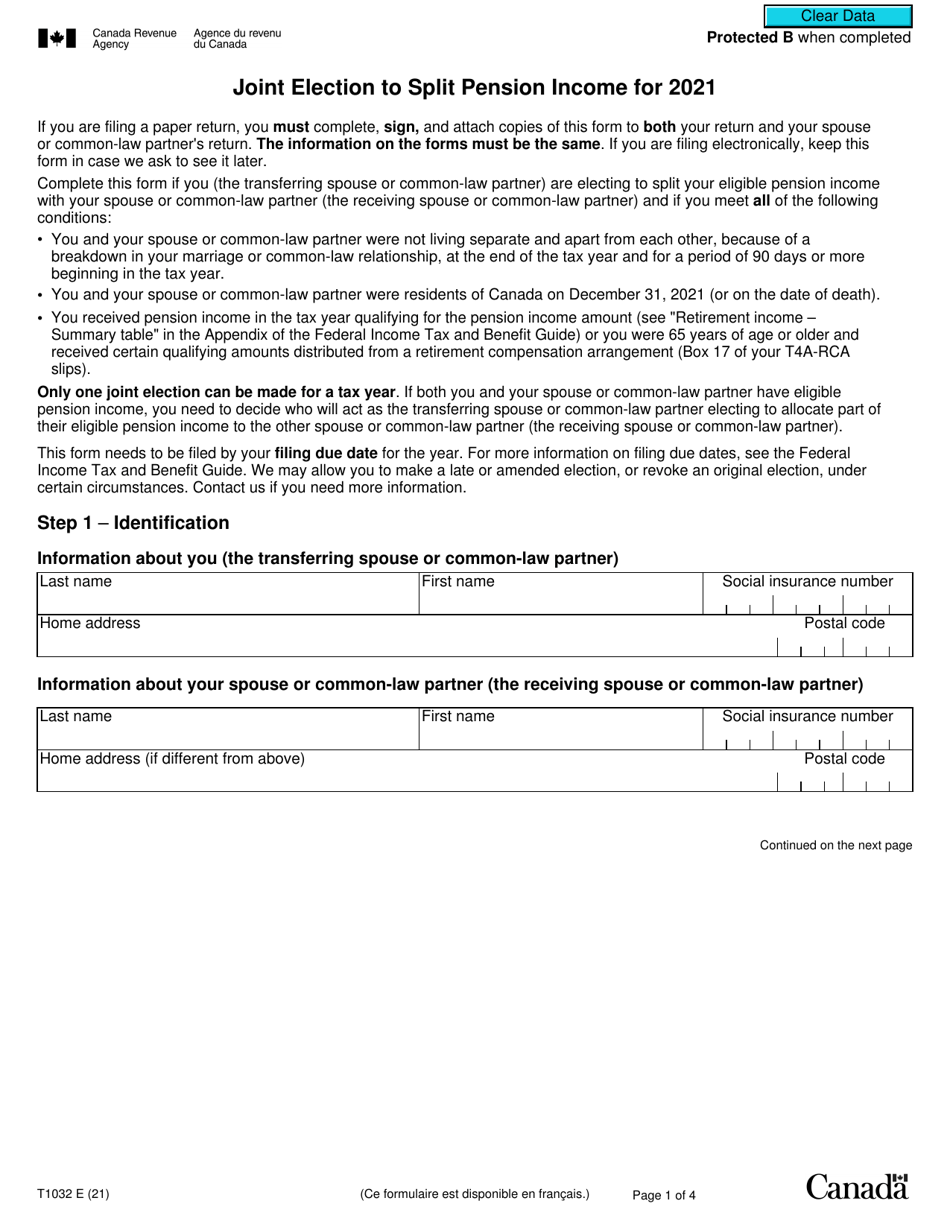 Form T1032 Joint Election to Split Pension Income - Canada, Page 1